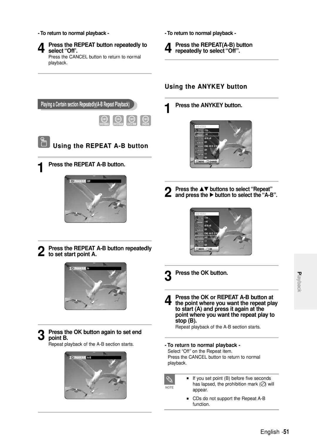 Samsung DVD-R100E/XET, DVD-R100E/XEE manual Using the Repeat A-B button 