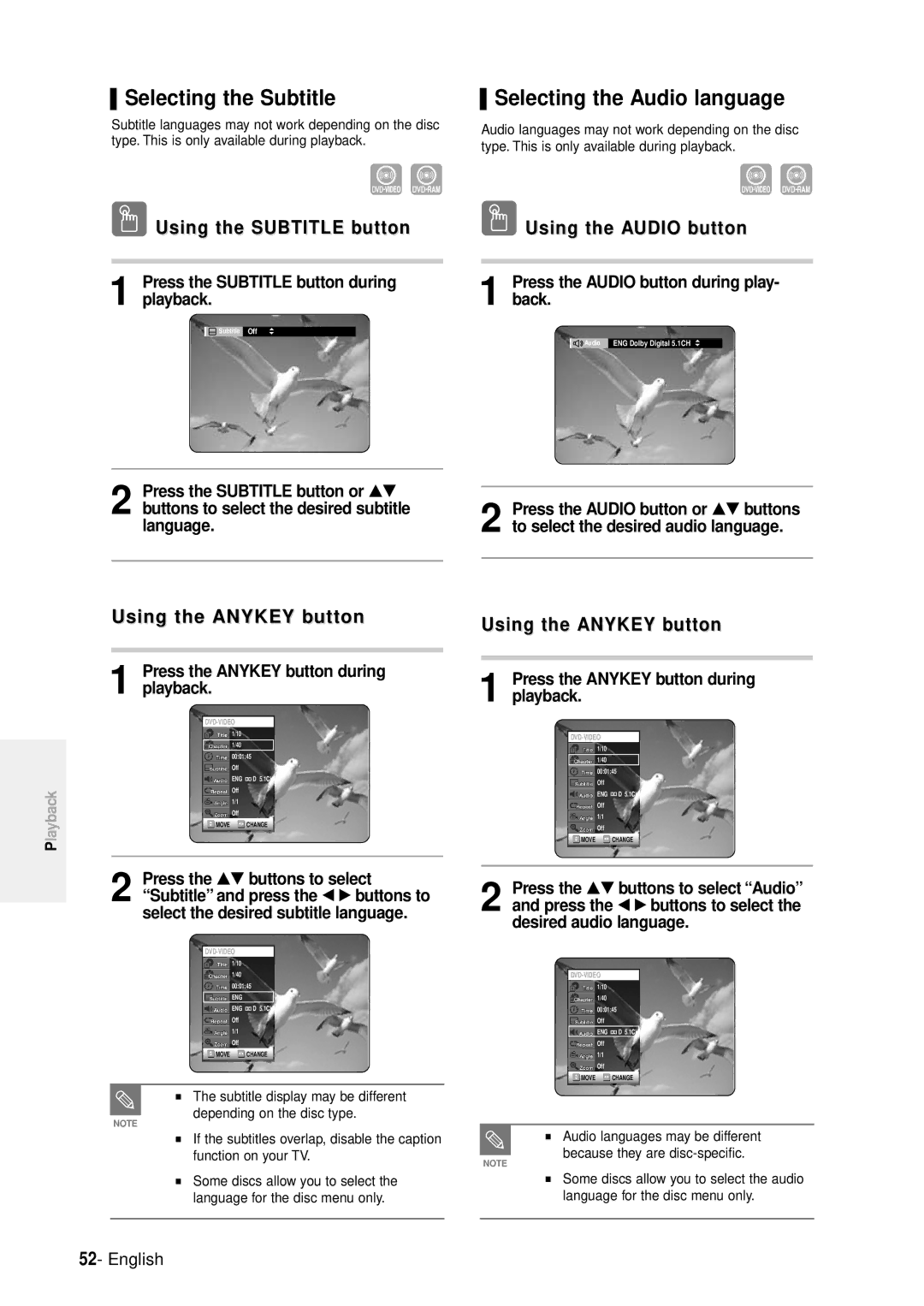 Samsung DVD-R100E/XEE, DVD-R100E/XET manual Selecting the Subtitle, Selecting the Audio language, Using the Subtitle button 