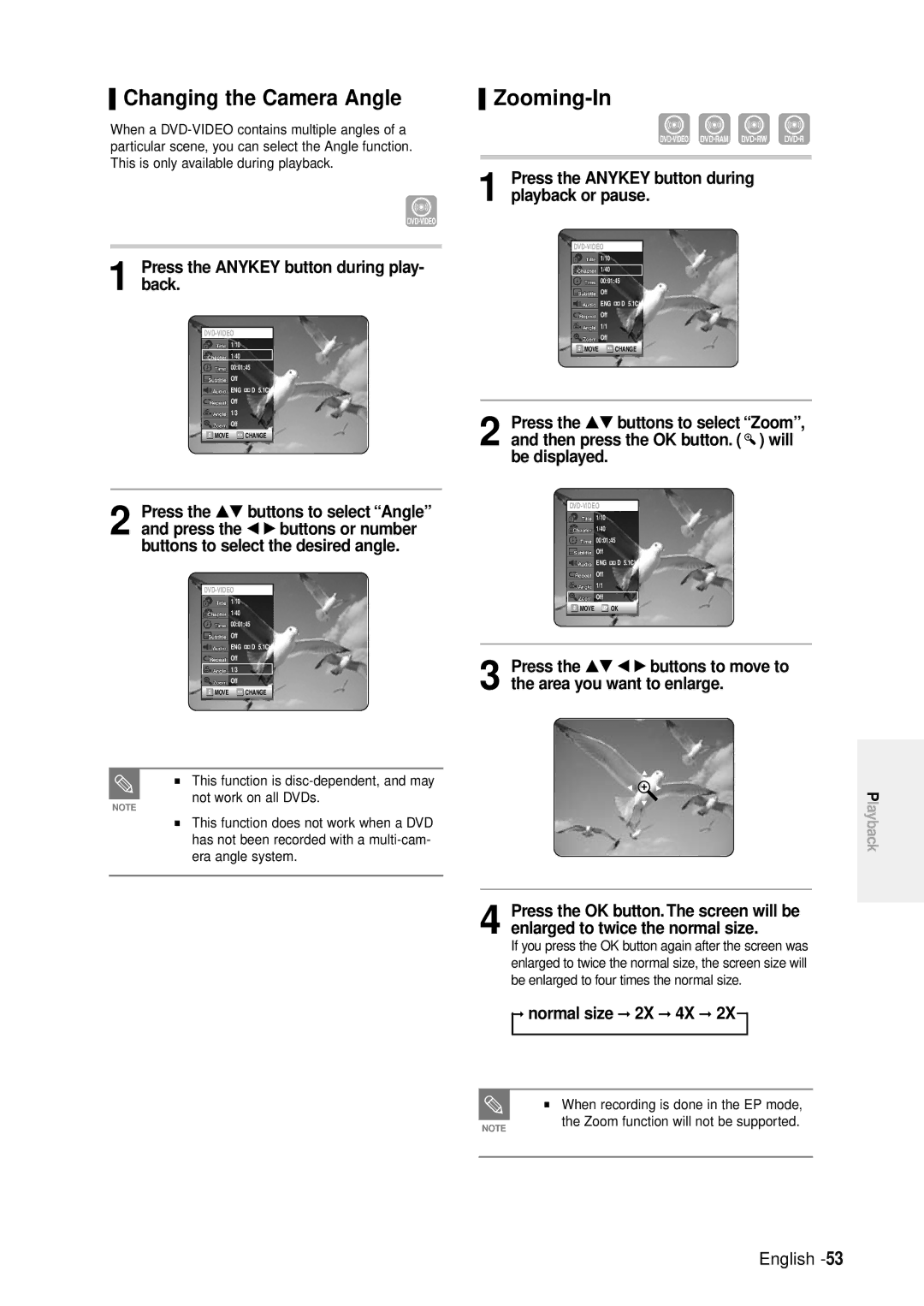 Samsung DVD-R100E/XET Changing the Camera Angle, Zooming-In, Press the Anykey button during play- back, Normal size 2X 4X 