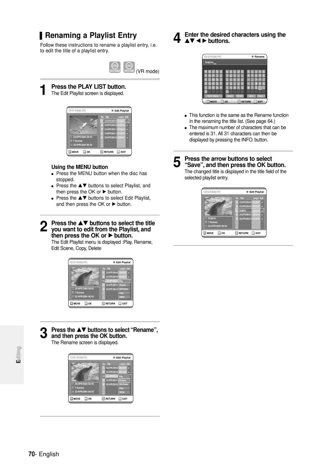 Samsung DVD-R100E/XEE manual Renaming a Playlist Entry, Enter the desired characters using the …† œ √ buttons, Stopped 