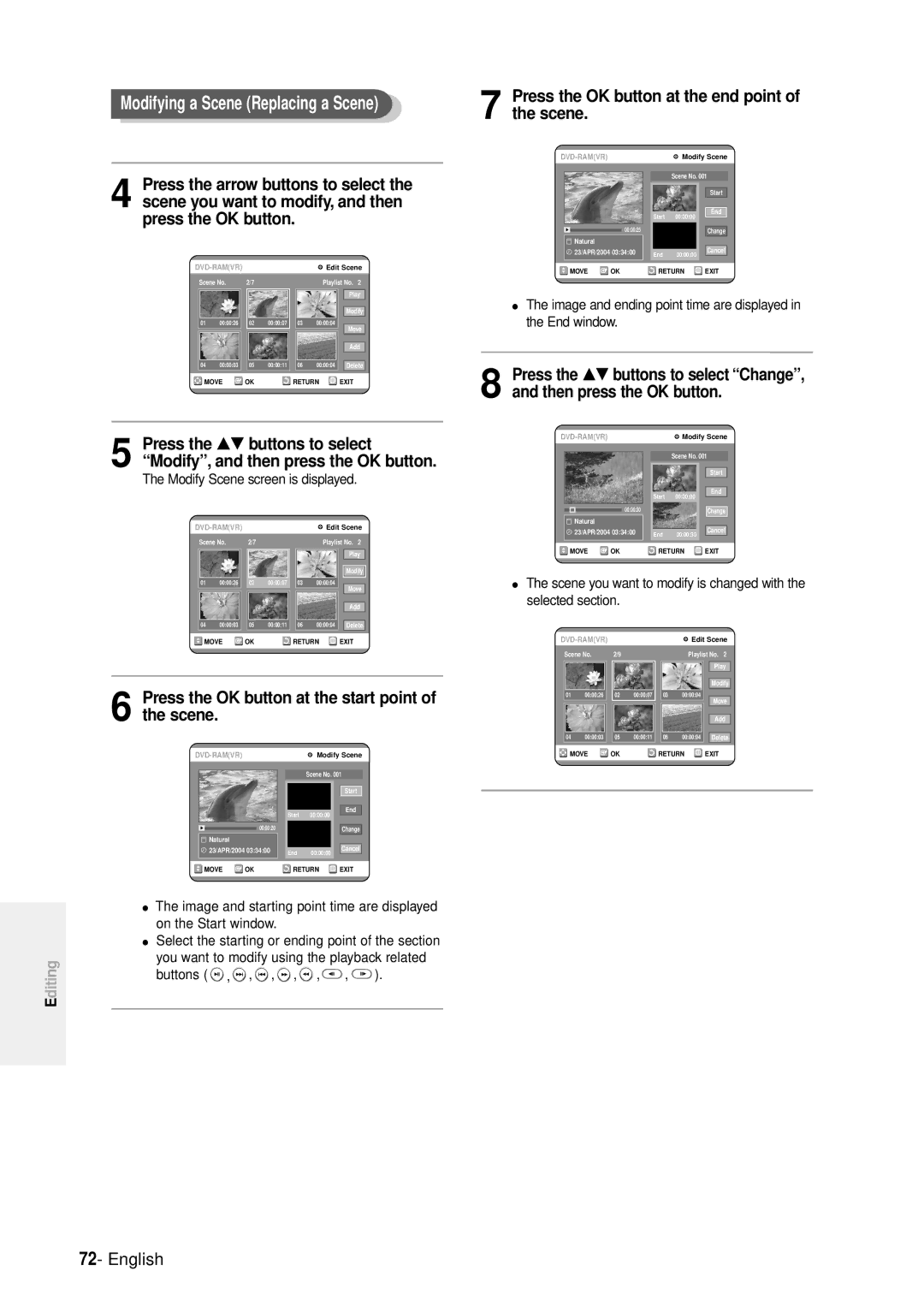 Samsung DVD-R100E/XEE manual Modifying a Scene Replacing a Scene, Press the OK button at the start point of the scene 