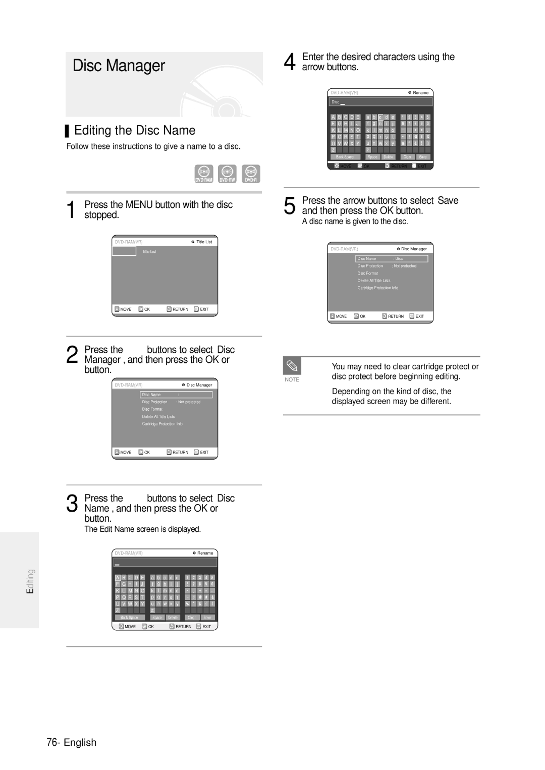 Samsung DVD-R100E/XEE manual Disc Manager, Editing the Disc Name, Enter the desired characters using the arrow buttons 