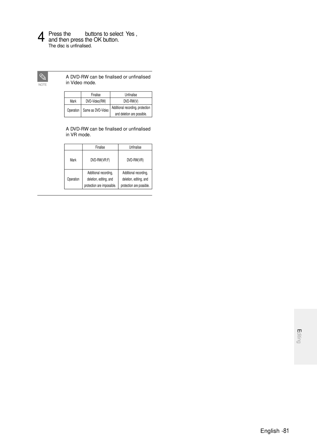 Samsung DVD-R100E/XET, DVD-R100E/XEE manual DVD-RW can be finalised or unfinalised in VR mode, Mark 