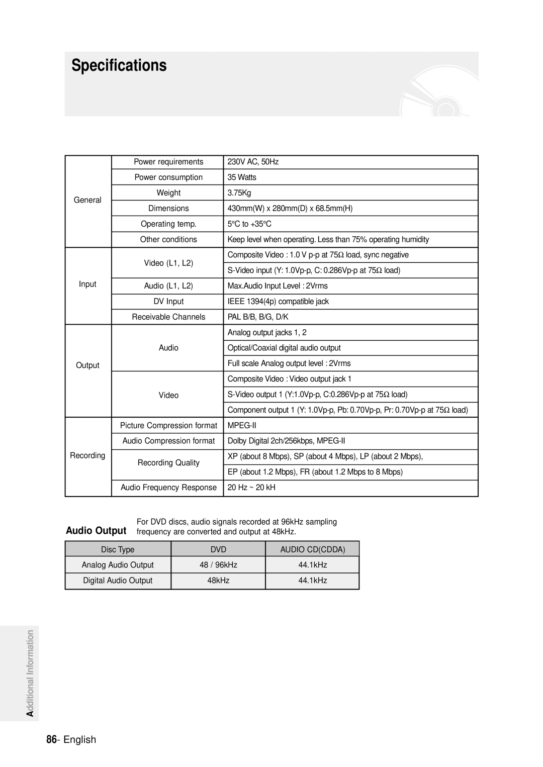 Samsung DVD-R100E/XEE, DVD-R100E/XET manual Specifications 