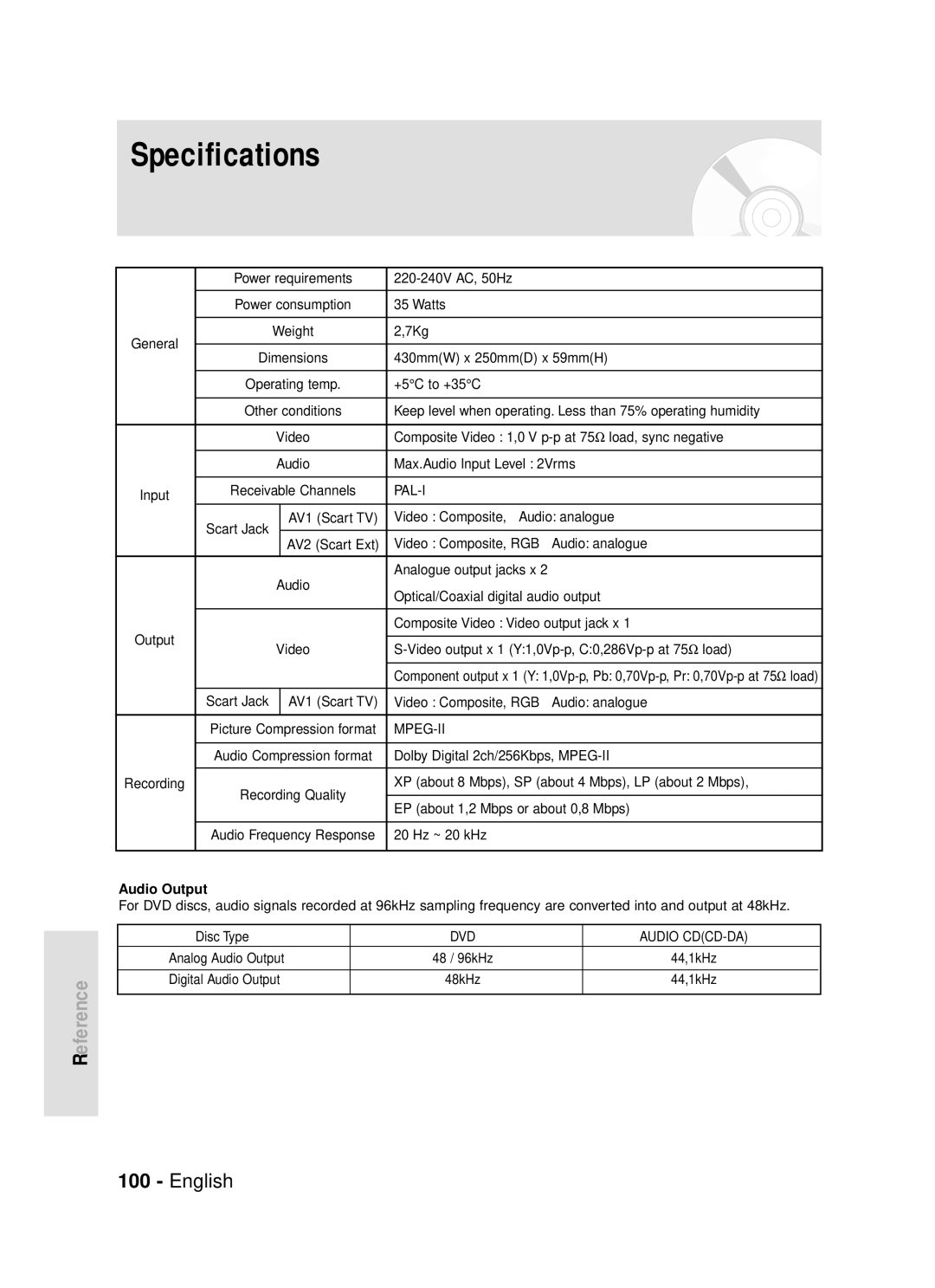 Samsung DVD-R119 instruction manual Specifications, Audio Output 