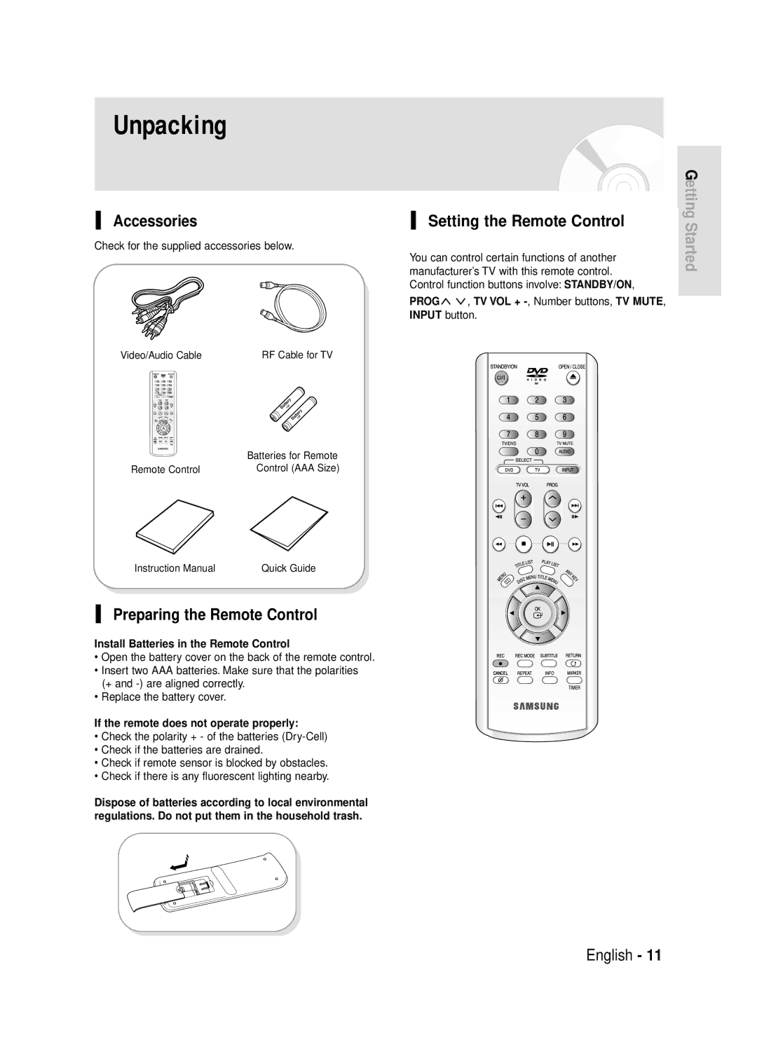 Samsung DVD-R119 instruction manual Unpacking, Accessories, Preparing the Remote Control, Setting the Remote Control 