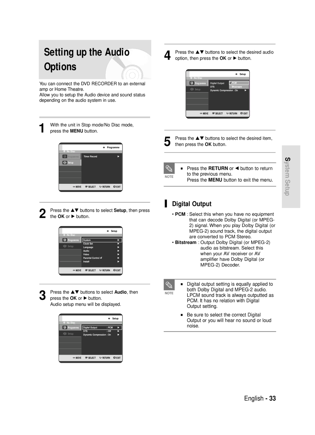 Samsung DVD-R119 Setting up the Audio Options, Digital Output, To the previous menu Press the Return or œ button to return 