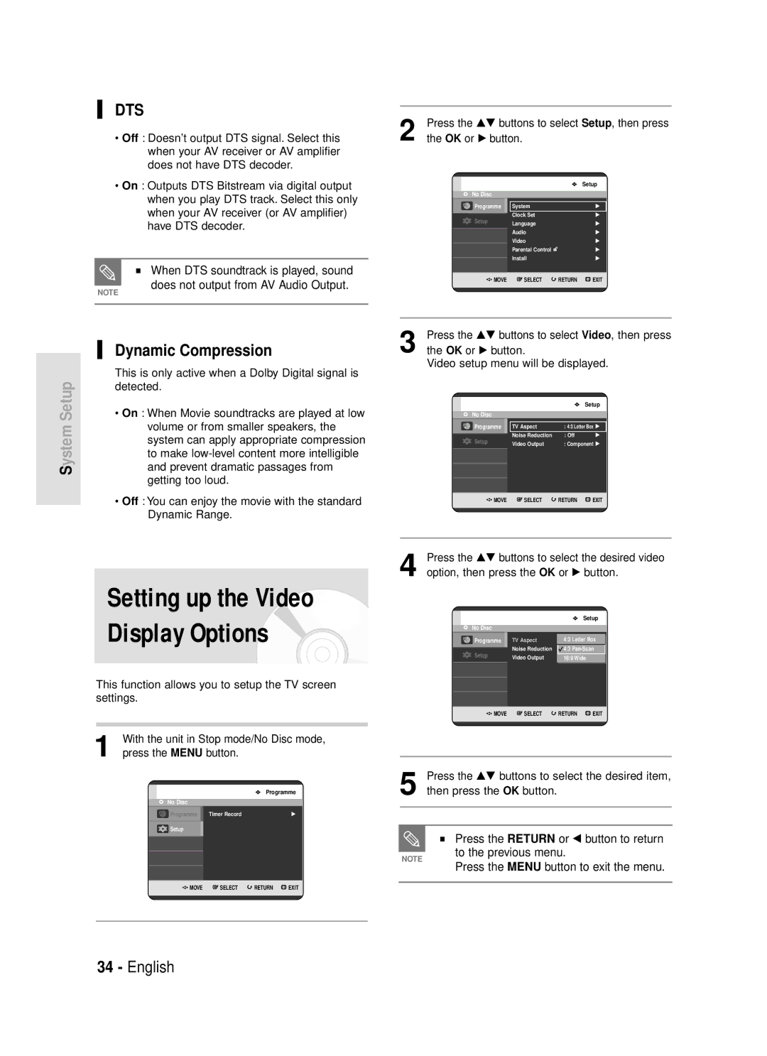 Samsung DVD-R119 instruction manual Dynamic Compression, To the previous menu Press the Menu button to exit the menu 