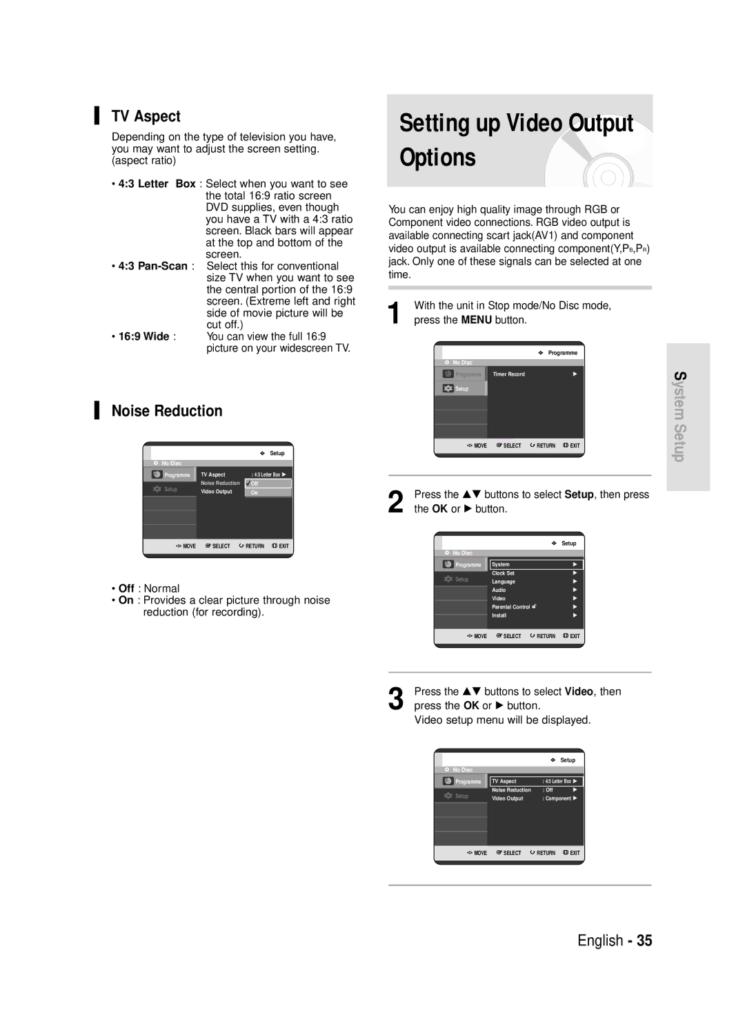 Samsung DVD-R119 Setting up Video Output Options, TV Aspect, Noise Reduction, Press the …† buttons to select Video, then 