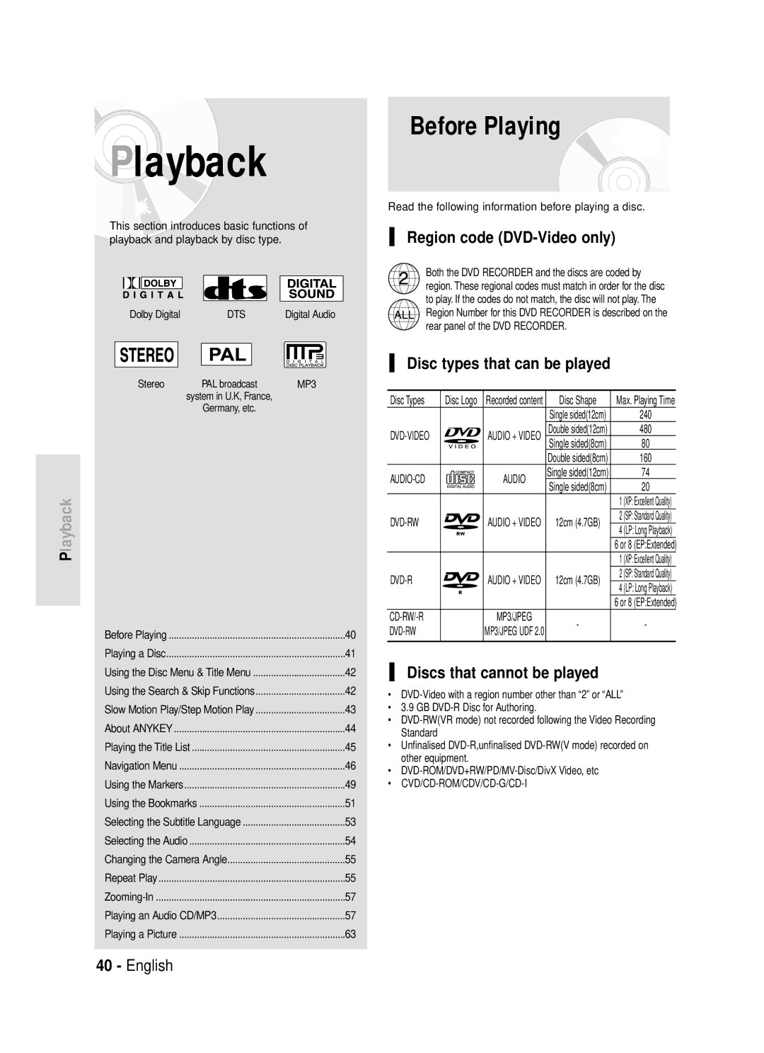 Samsung DVD-R119 Before Playing, Region code DVD-Video only, Disc types that can be played, Discs that cannot be played 