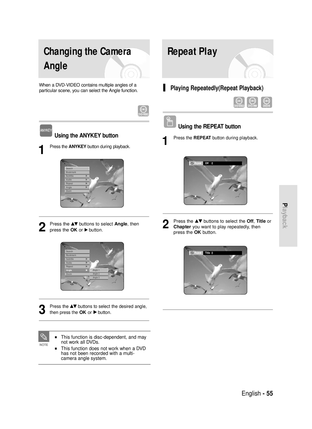 Samsung DVD-R119 Changing the Camera Angle, Playing RepeatedlyRepeat Playback, Using the Repeat button 