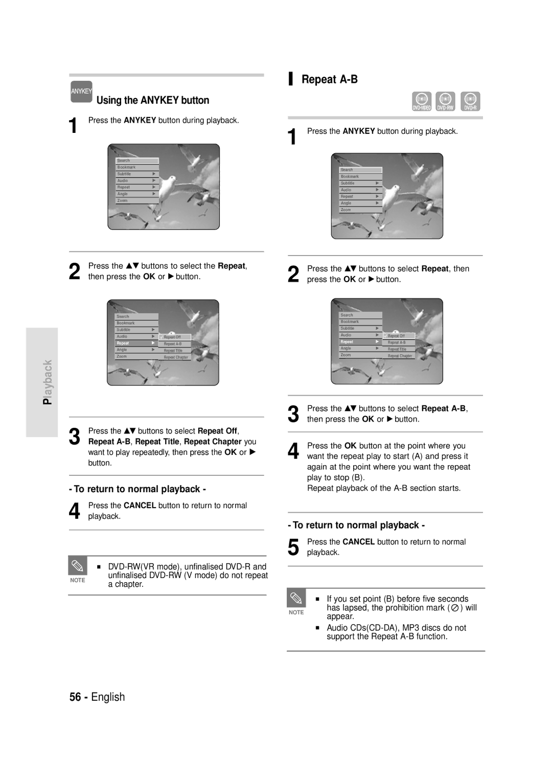 Samsung DVD-R119 instruction manual Repeat A-B, To return to normal playback, DVD-RWVR mode, unfinalised DVD-R, Chapter 