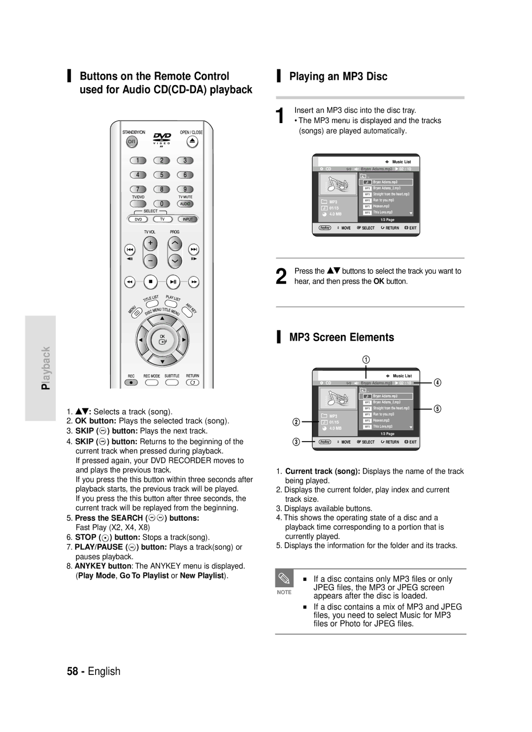 Samsung DVD-R119 instruction manual Playing an MP3 Disc, MP3 Screen Elements, If a disc contains only MP3 files or only 