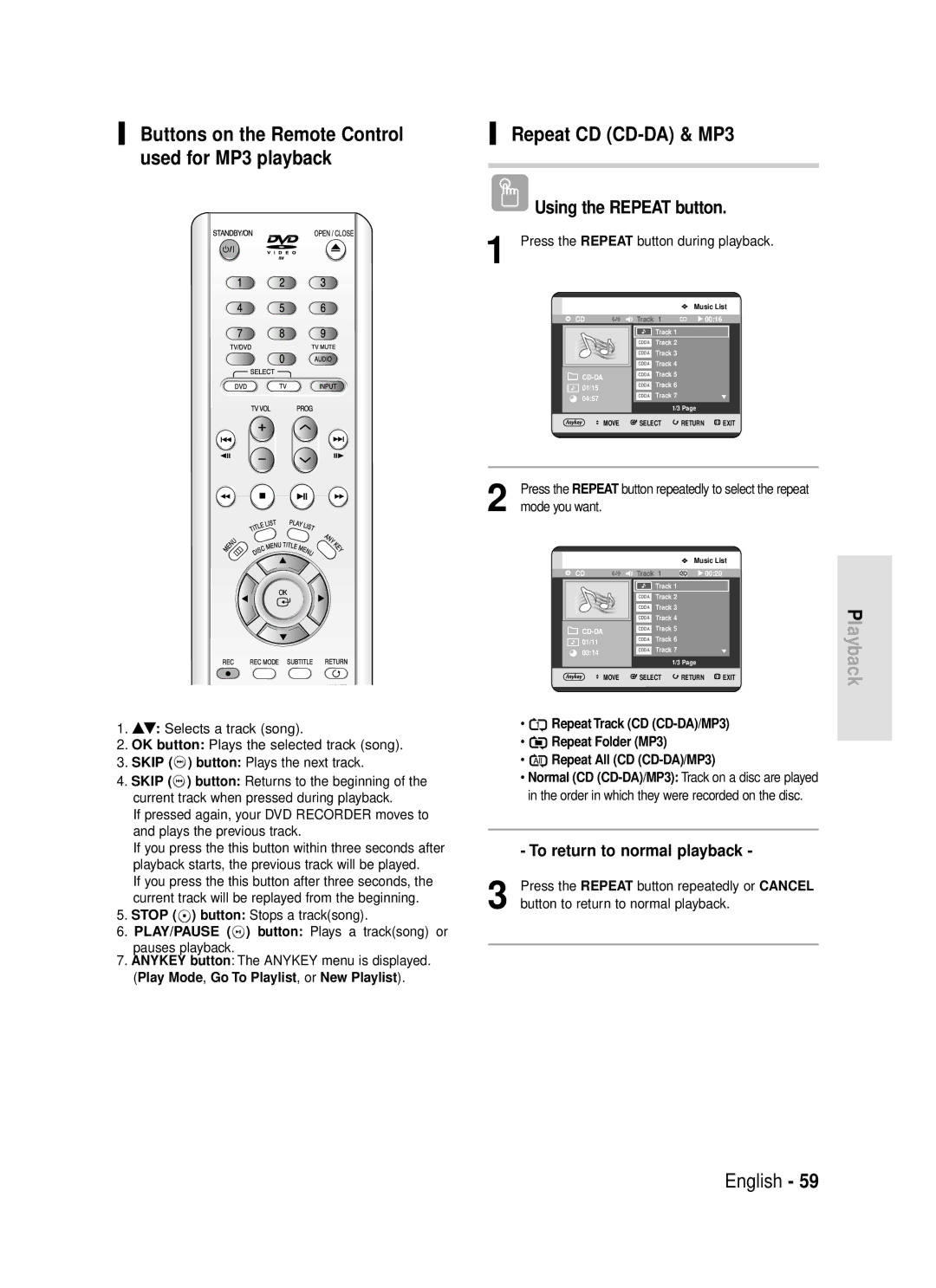 Samsung DVD-R119 instruction manual Repeat CD CD-DA & MP3, Buttons on the Remote Control used for MP3 playback 