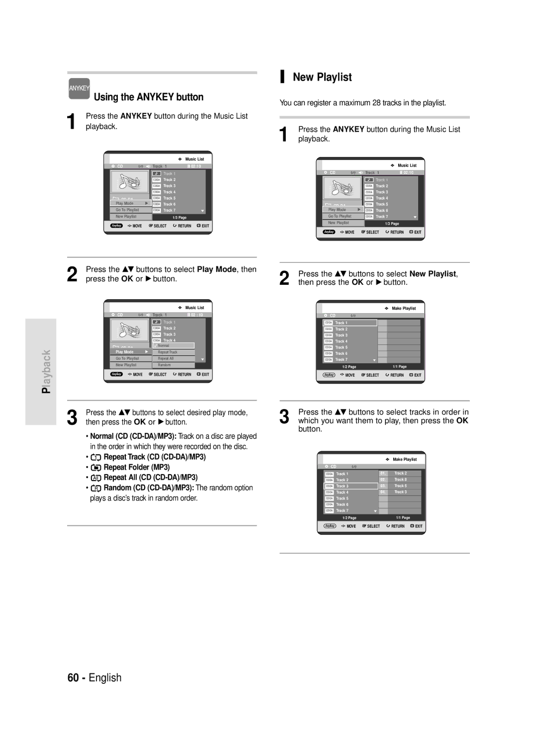 Samsung DVD-R119 instruction manual New Playlist, Press the Anykey button during the Music List playback 