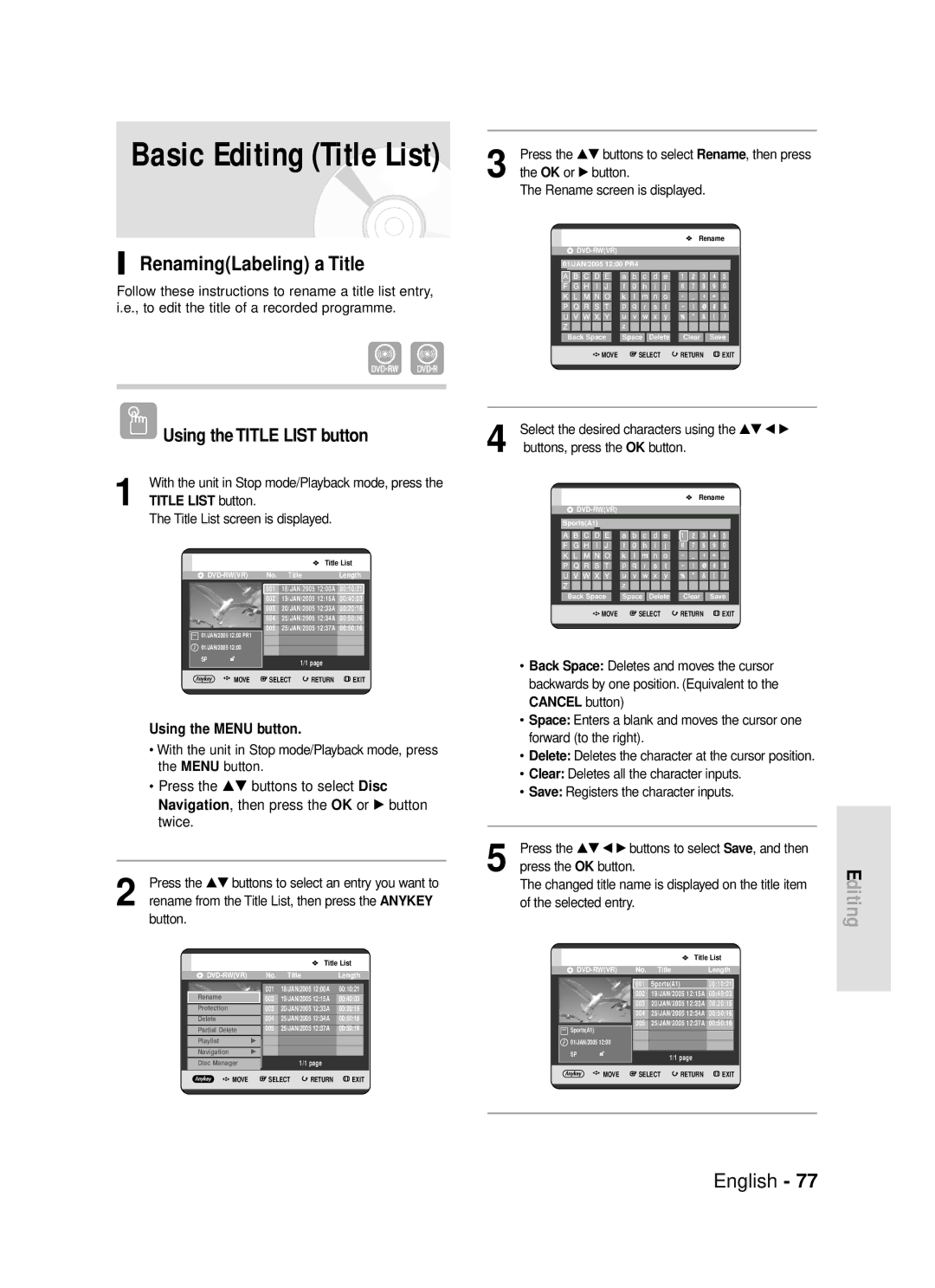 Samsung DVD-R119 instruction manual RenamingLabeling a Title, Title List button, Cancel button 