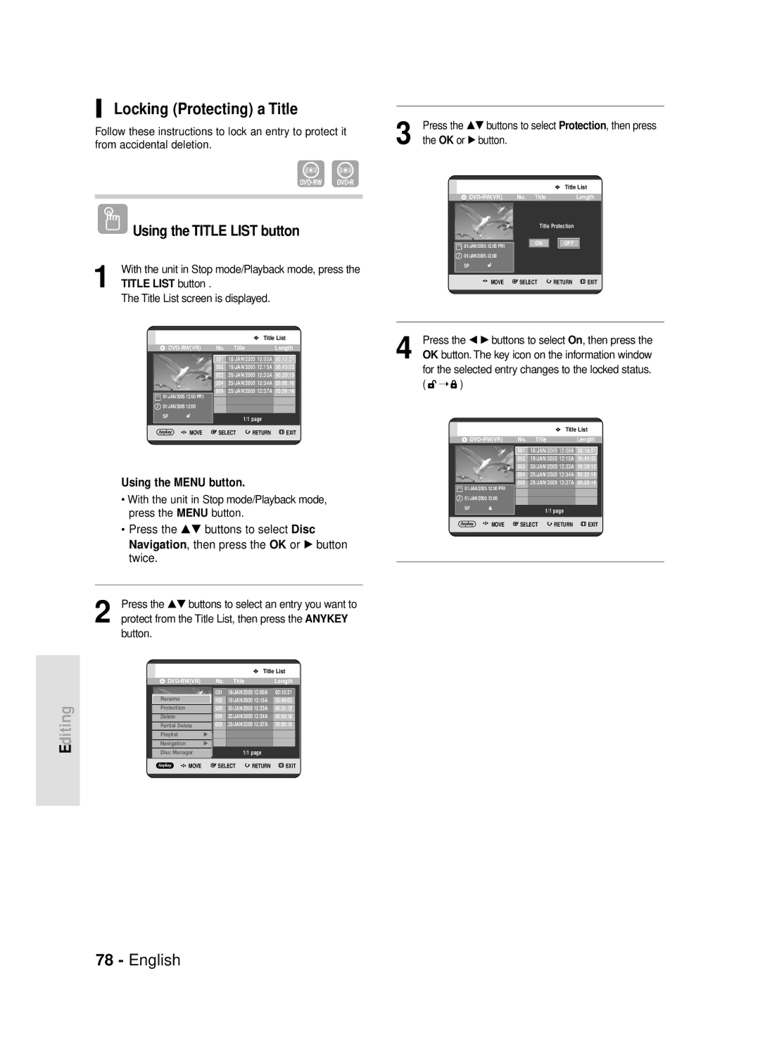 Samsung DVD-R119 instruction manual Locking Protecting a Title, For the selected entry changes to the locked status 