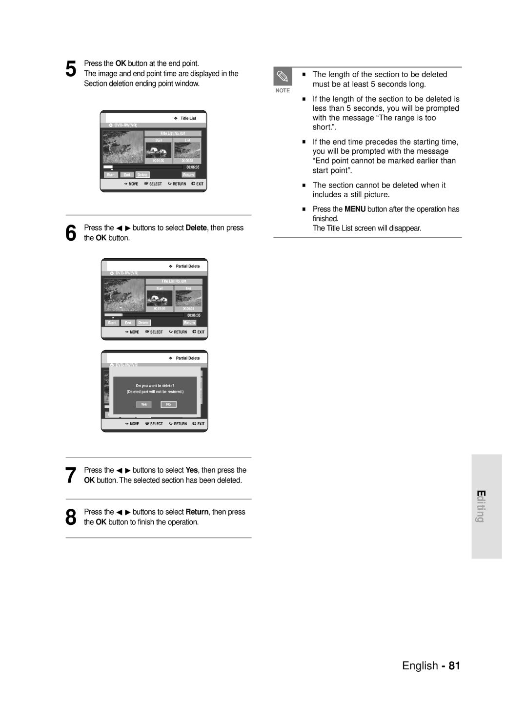 Samsung DVD-R119 instruction manual Press the OK button at the end point 