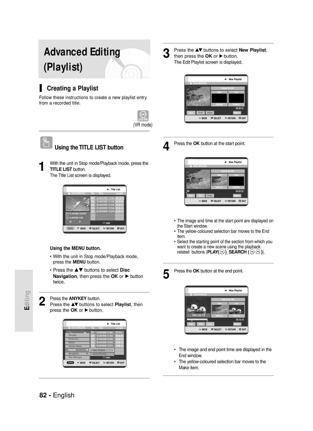 Samsung DVD-R119 Creating a Playlist, Press the OK button at the start point, Start window, Related buttons Play , Search 