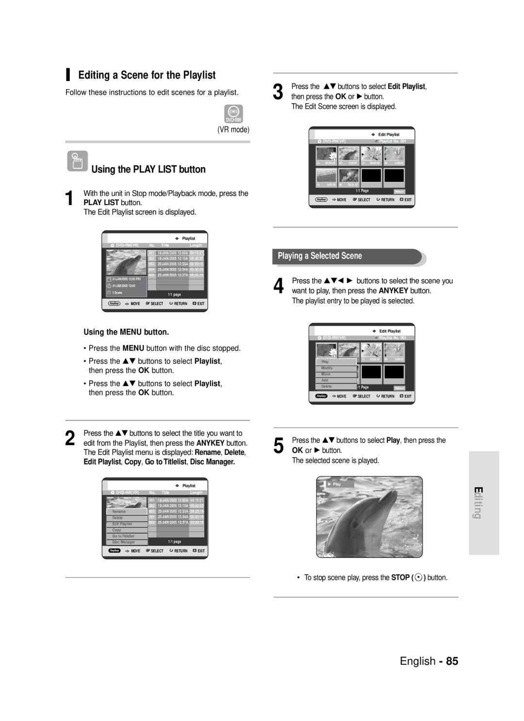 Samsung DVD-R119 Editing a Scene for the Playlist, Follow these instructions to edit scenes for a playlist, Press 