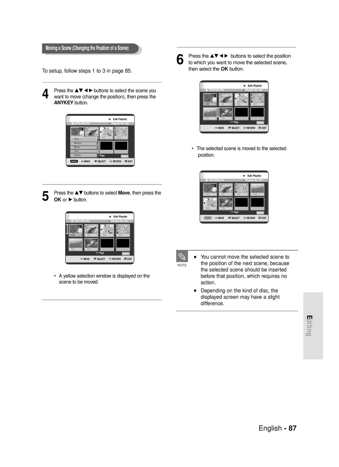 Samsung DVD-R119 instruction manual You cannot move the selected scene to, Position of the next scene, because, Action 