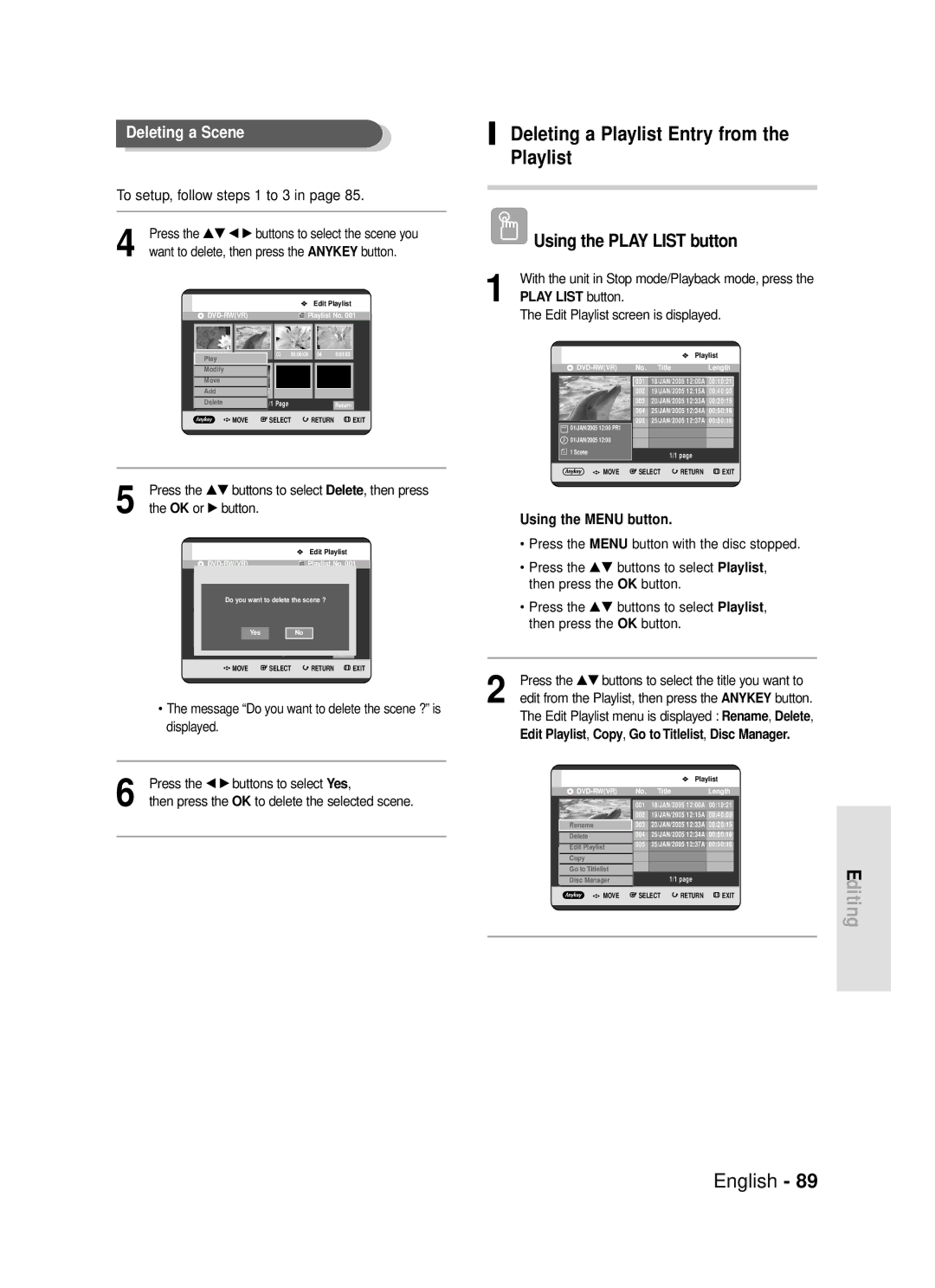 Samsung DVD-R119 Deleting a Playlist Entry from the Playlist, Press the …† œ √ buttons to select the scene you 