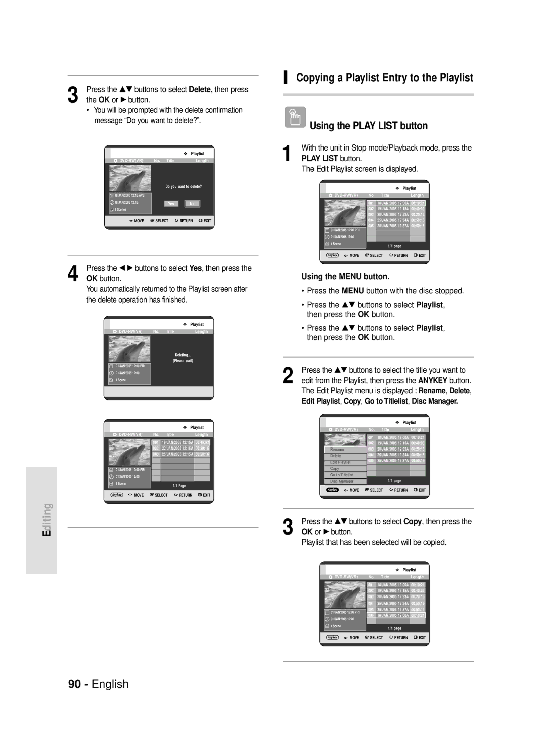 Samsung DVD-R119 instruction manual Copying a Playlist Entry to the Playlist, Delete operation has finished 