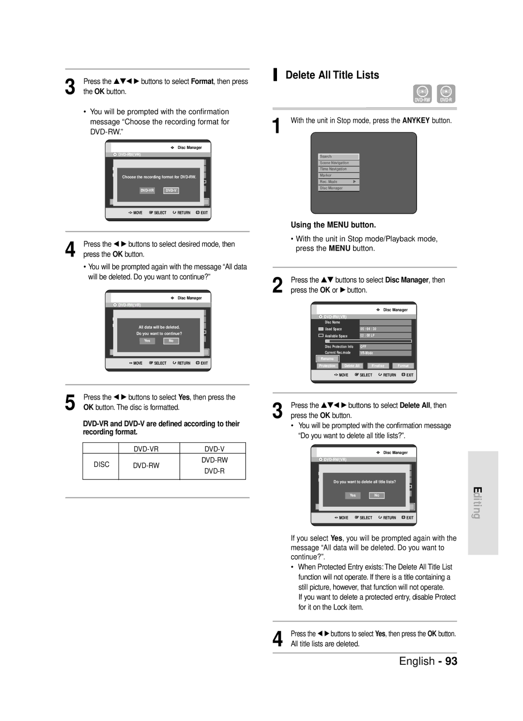 Samsung DVD-R119 Delete All Title Lists, Recording format, With the unit in Stop mode, press the Anykey button 