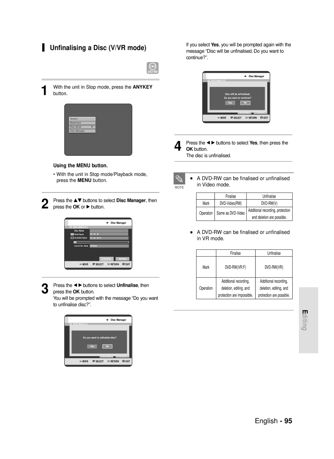 Samsung DVD-R119 Unfinalising a Disc V/VR mode, DVD-RW can be finalised or unfinalised Video mode, Finalise Unfinalise 