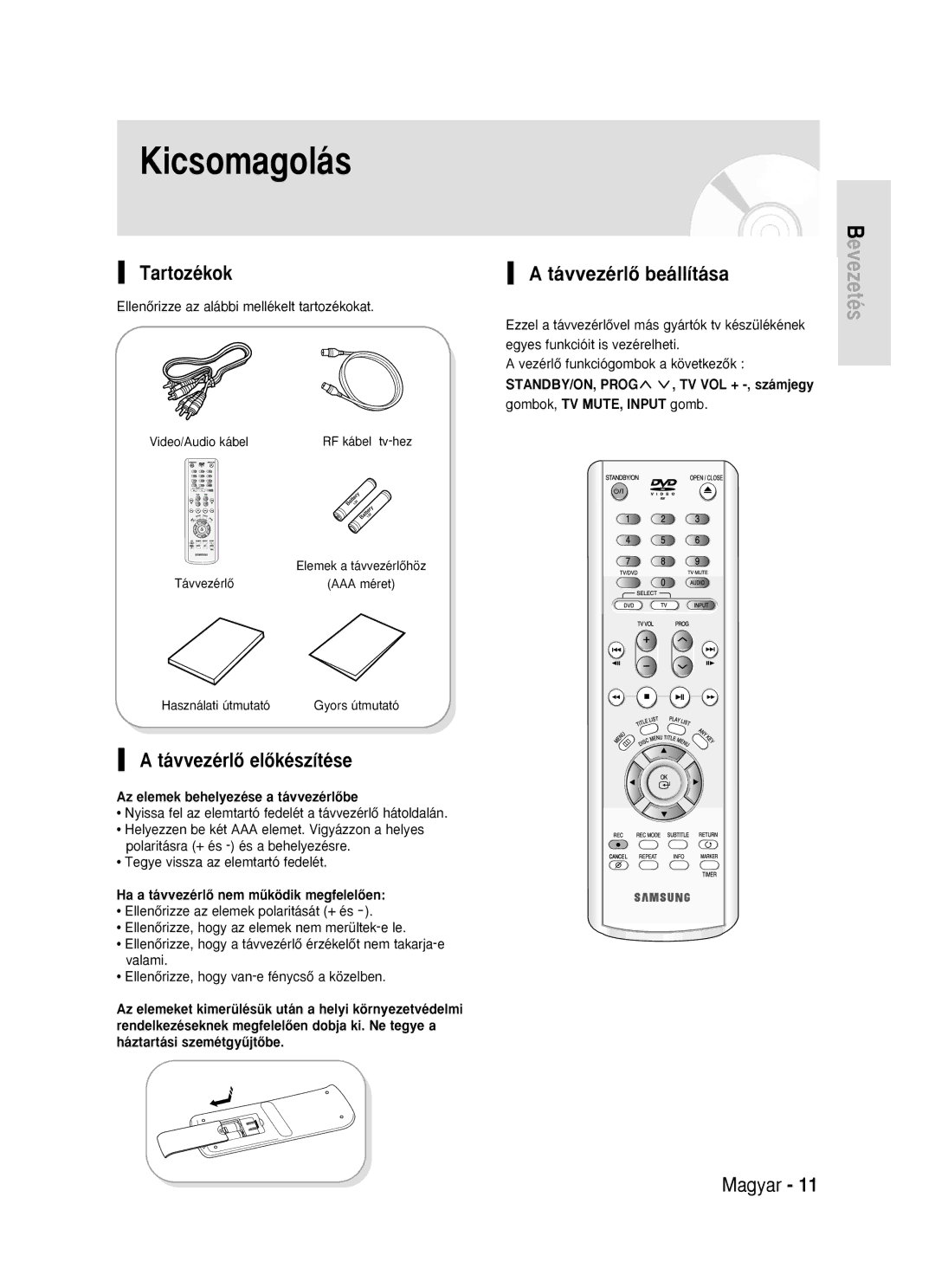 Samsung DVD-R119/EUR manual Kicsomagolás, Tartozékok, TávvezérlŒ elŒkészítése, TávvezérlŒ beállítása 