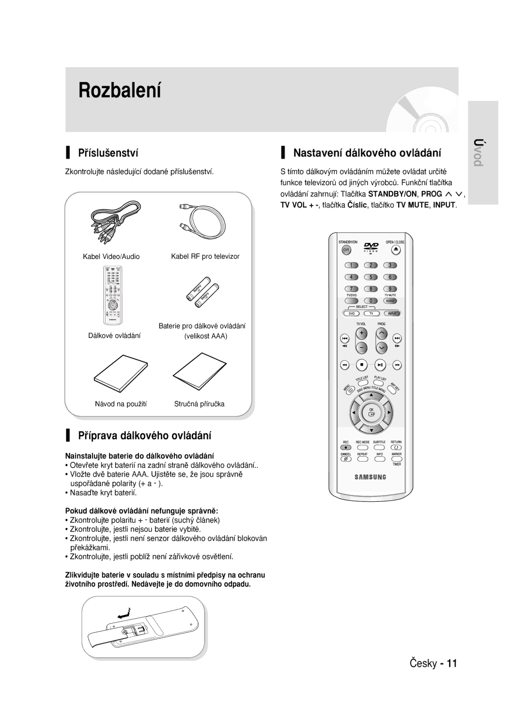 Samsung DVD-R119/EUR manual Rozbalení, Pﬁíslu‰enství, Nastavení dálkového ovládání, Pﬁíprava dálkového ovládání 