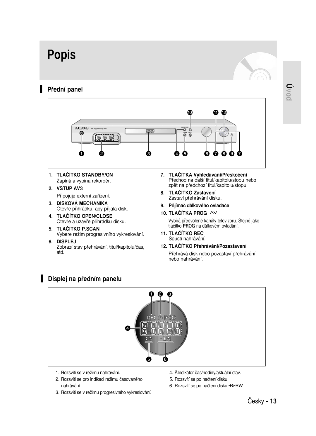 Samsung DVD-R119/EUR manual Popis, Pﬁední panel, Displej na pﬁedním panelu, Rozsvítí se v reÏimu progresivního vykreslování 