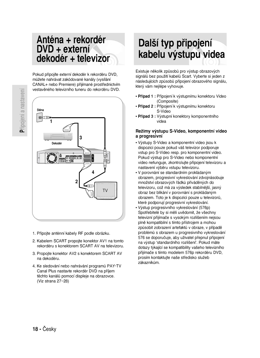 Samsung DVD-R119/EUR manual 18 âesky, ReÏimy v˘stupu S-Video, komponentní video a progresivní 