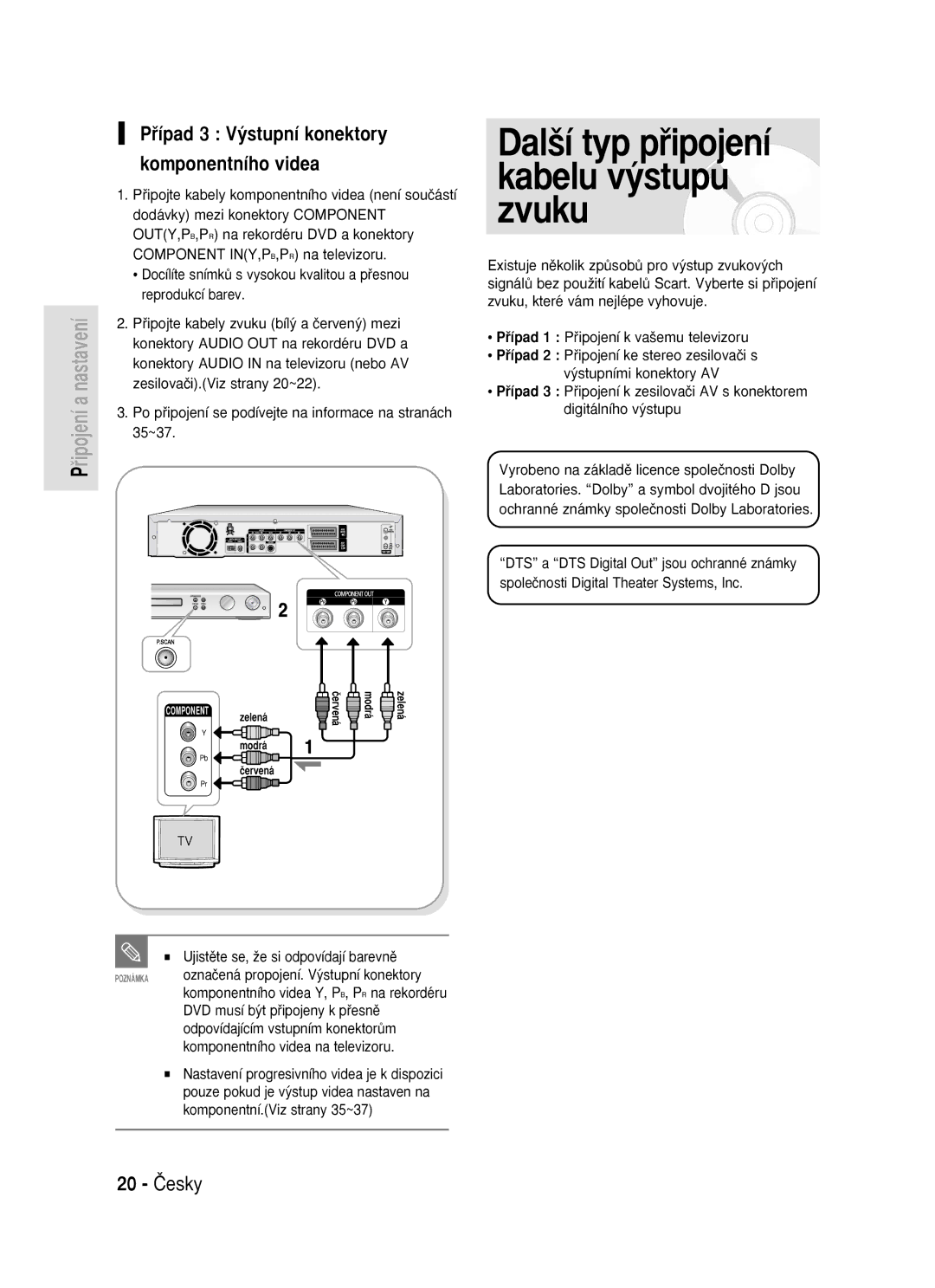 Samsung DVD-R119/EUR manual Pﬁípad 3 V˘stupní konektory Komponentního videa, 20 âesky 