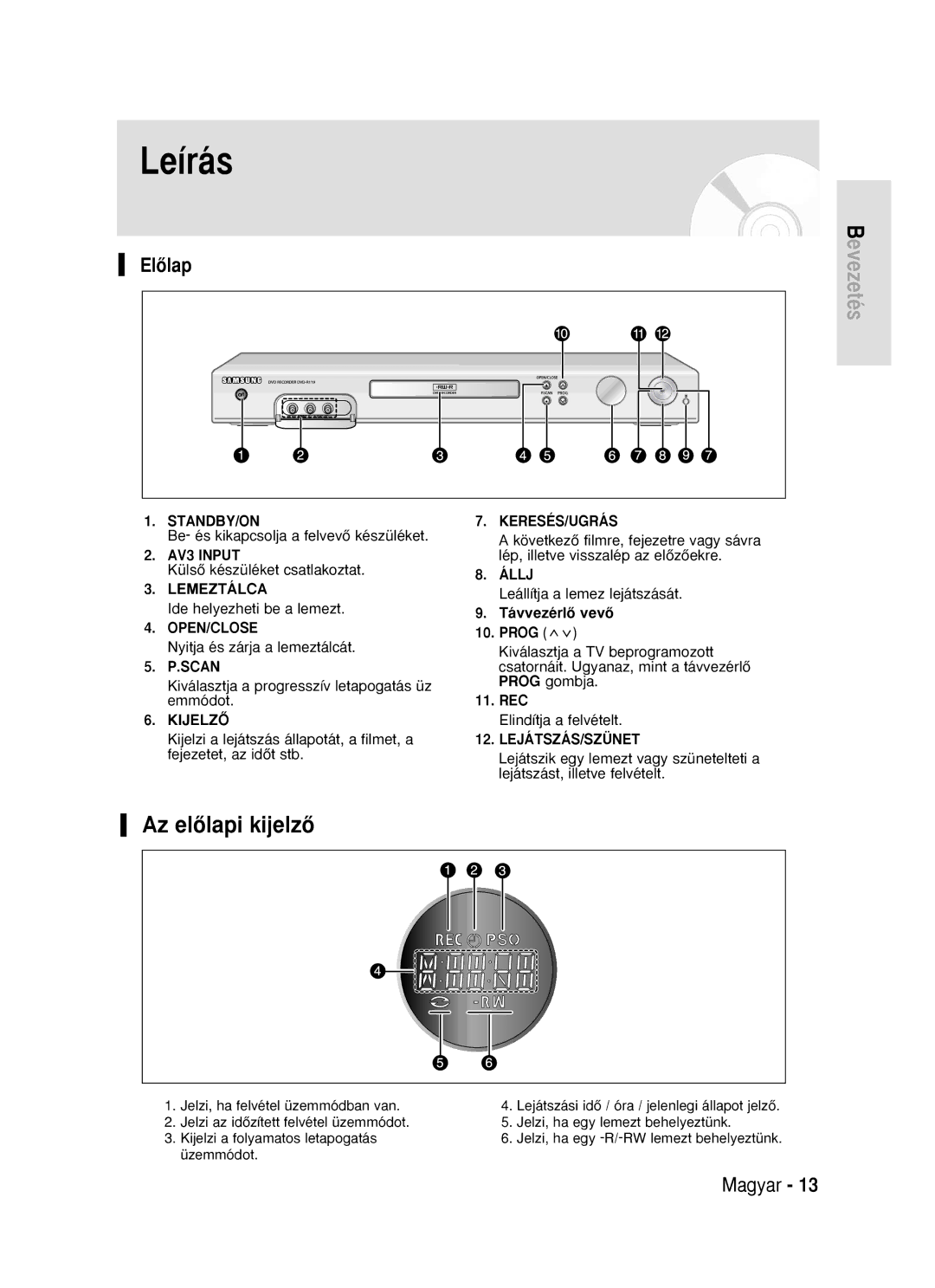 Samsung DVD-R119/EUR manual Leírás, ElŒlap 