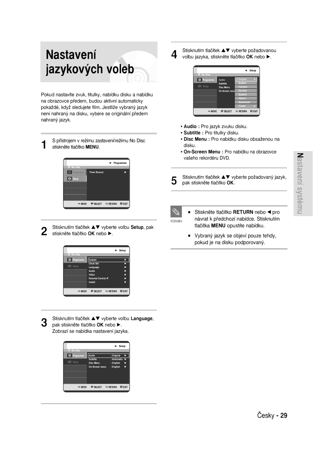 Samsung DVD-R119/EUR manual Stisknûte tlaãítko Return nebo œ pro, Návrat k pﬁedchozí nabídce. Stisknutím 