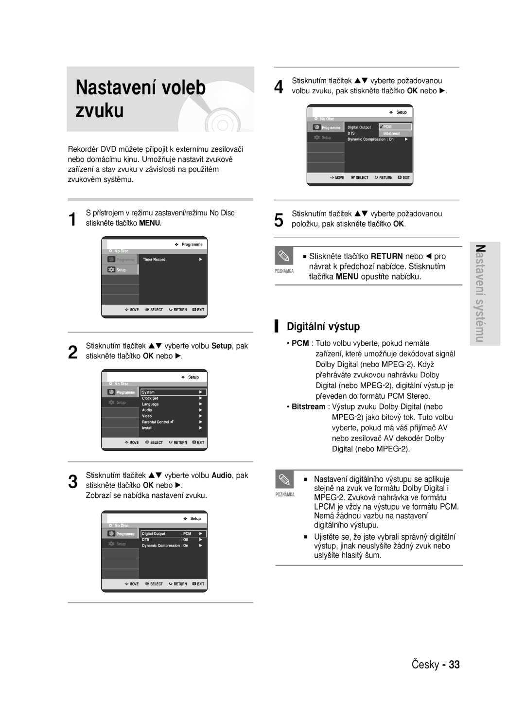 Samsung DVD-R119/EUR Nastavení voleb zvuku, Digitální v˘stup, MPEG-2. Zvuková nahrávka ve formátu, Digitálního v˘stupu 