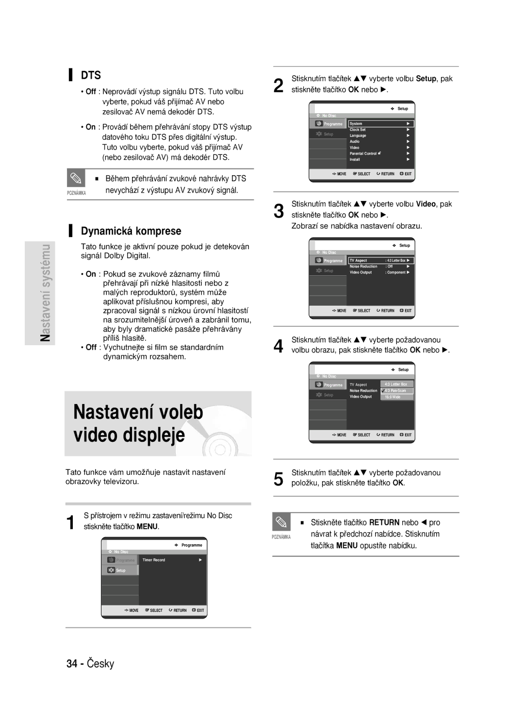 Samsung DVD-R119/EUR manual Dynamická komprese, 34 âesky, Nevychází z v˘stupu AV zvukov˘ signál 