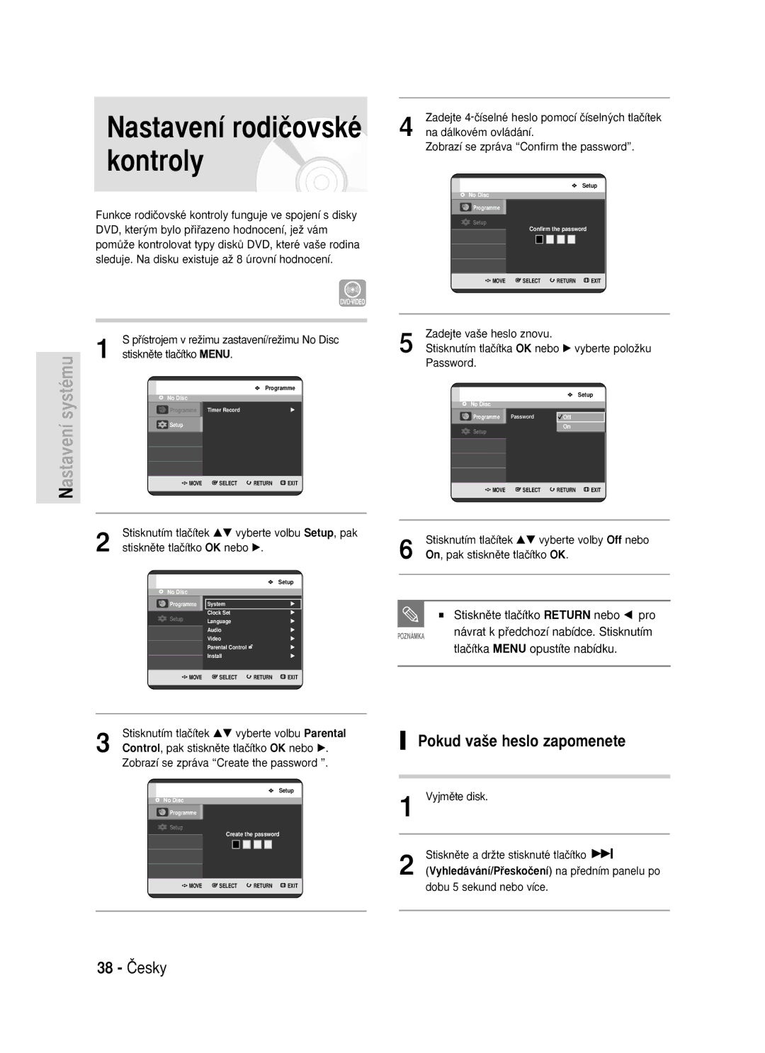 Samsung DVD-R119/EUR manual Pokud va‰e heslo zapomenete, 38 âesky 