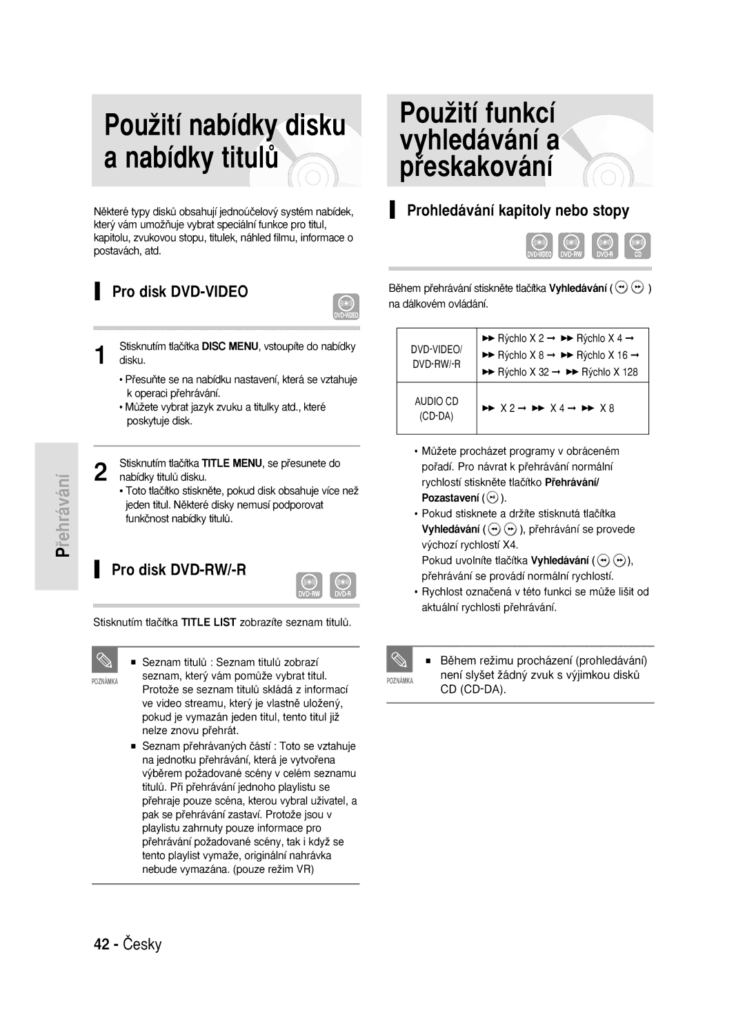 Samsung DVD-R119/EUR manual PouÏití nabídky disku a nabídky titulÛ, PouÏití funkcí vyhledávání a pﬁeskakování 