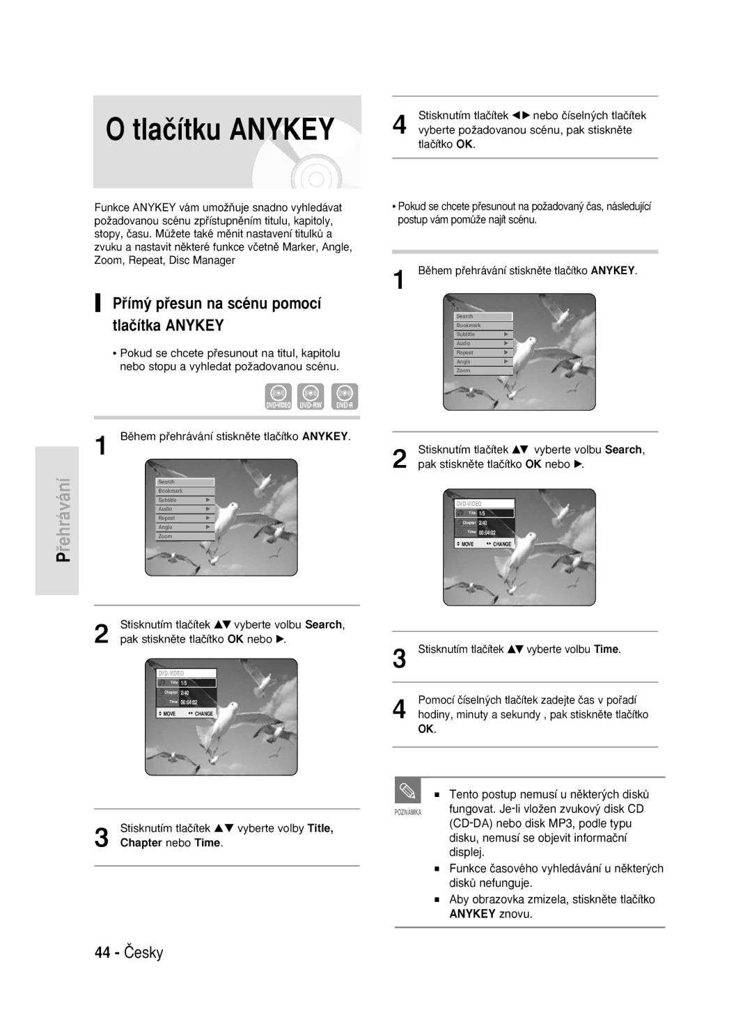 Samsung DVD-R119/EUR manual Tlaãítku Anykey, Pﬁím˘ pﬁesun na scénu pomocí tlaãítka Anykey, 44 âesky 