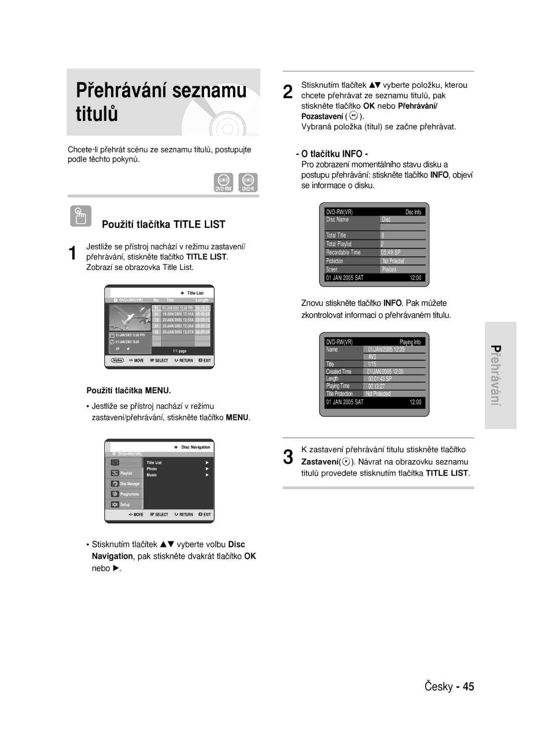 Samsung DVD-R119/EUR manual Pﬁehrávání seznamu titulÛ, PouÏití tlaãítka Title List, Tlaãítku Info 