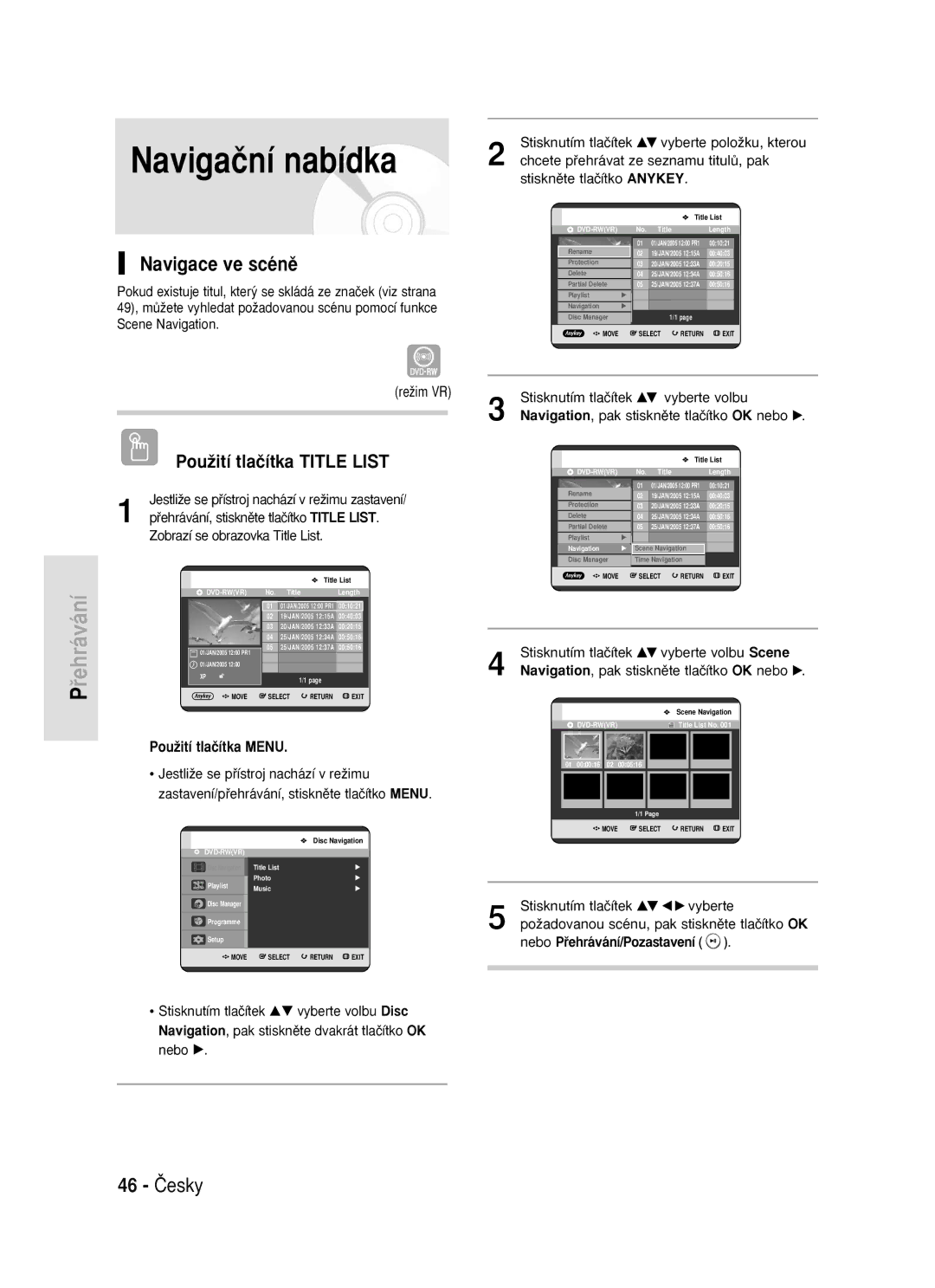 Samsung DVD-R119/EUR manual Navigaãní nabídka, Navigace ve scénû, 46 âesky, ReÏim VR 