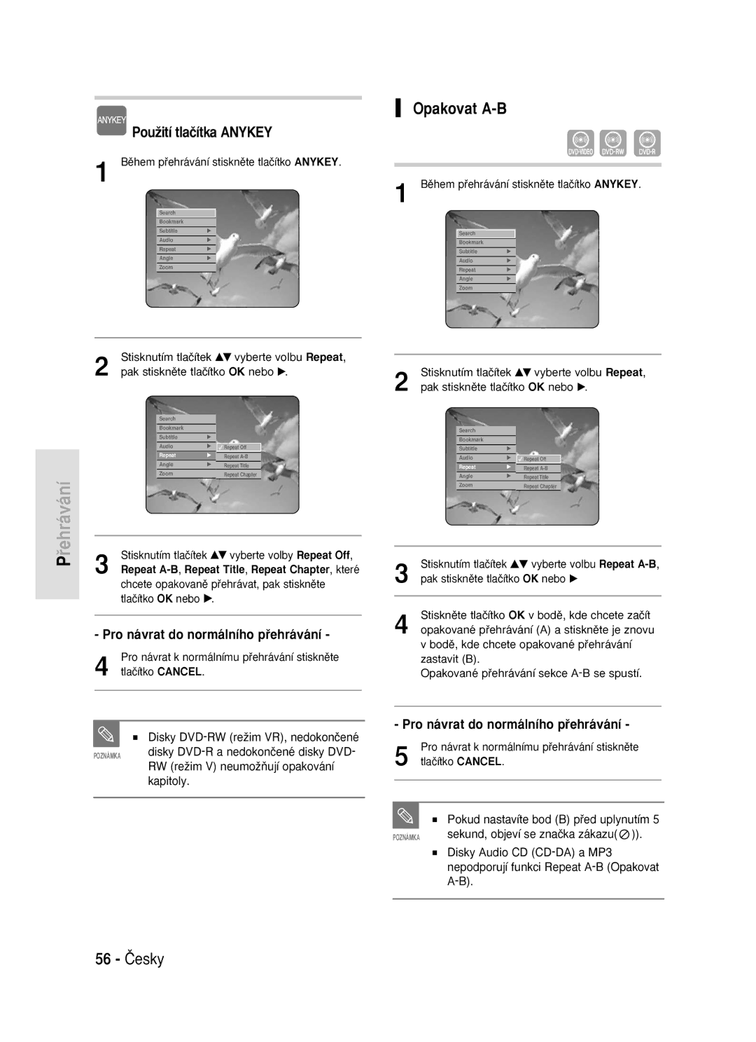 Samsung DVD-R119/EUR manual Opakovat A-B, 56 âesky, Pro návrat do normálního pﬁehrávání 