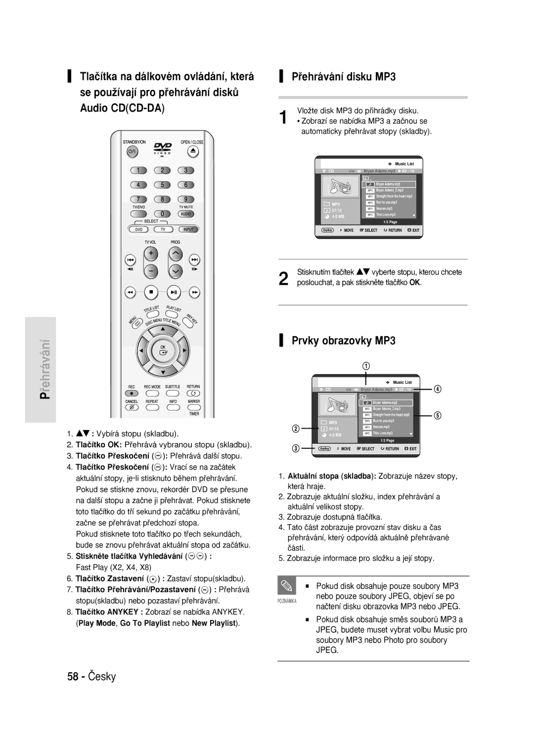 Samsung DVD-R119/EUR manual Pﬁehrávání disku MP3, Prvky obrazovky MP3, 58 âesky, Pokud disk obsahuje pouze soubory MP3 