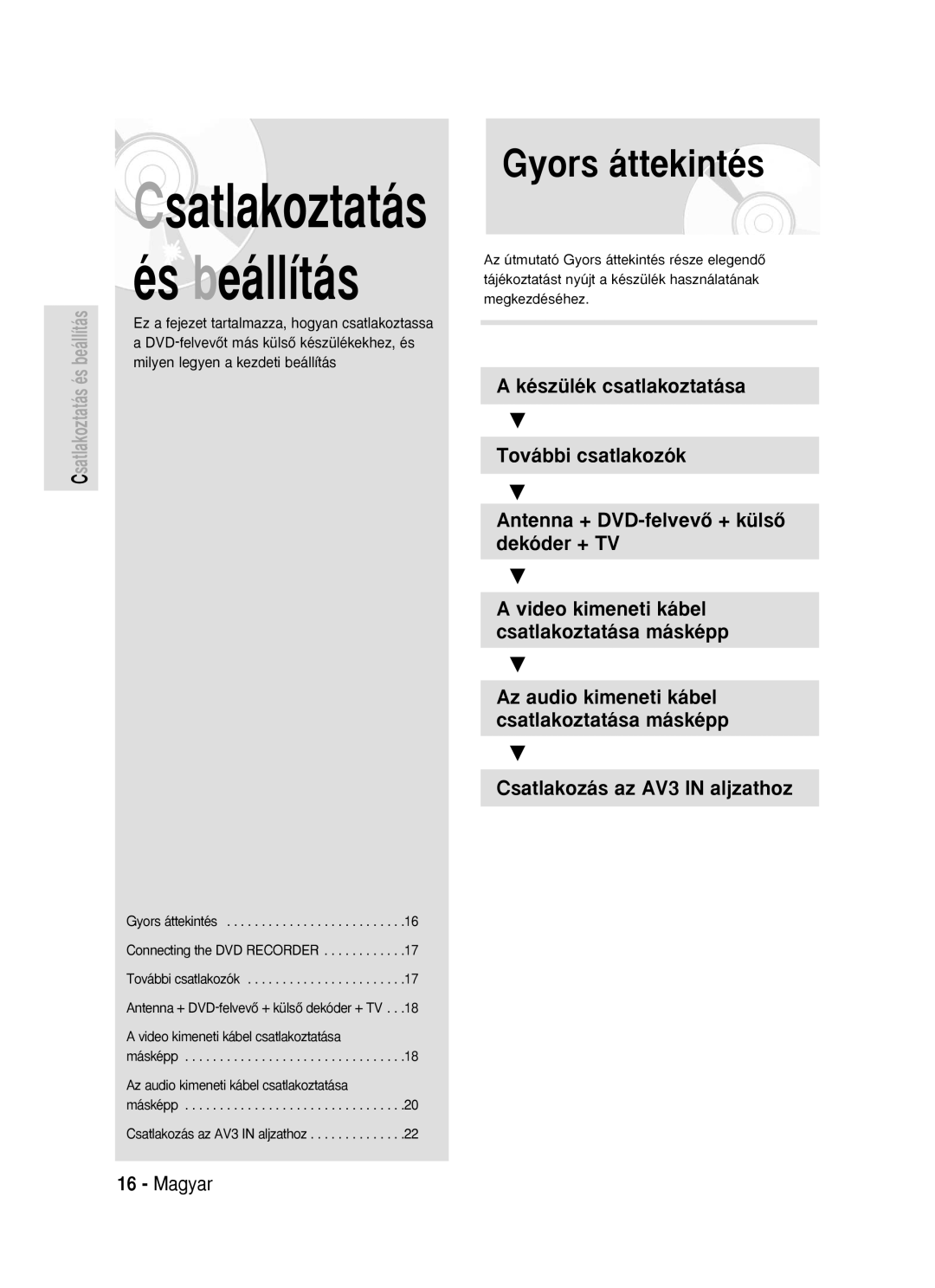 Samsung DVD-R119/EUR manual Csatlakoztatás és beállítás, Gyors áttekintés 