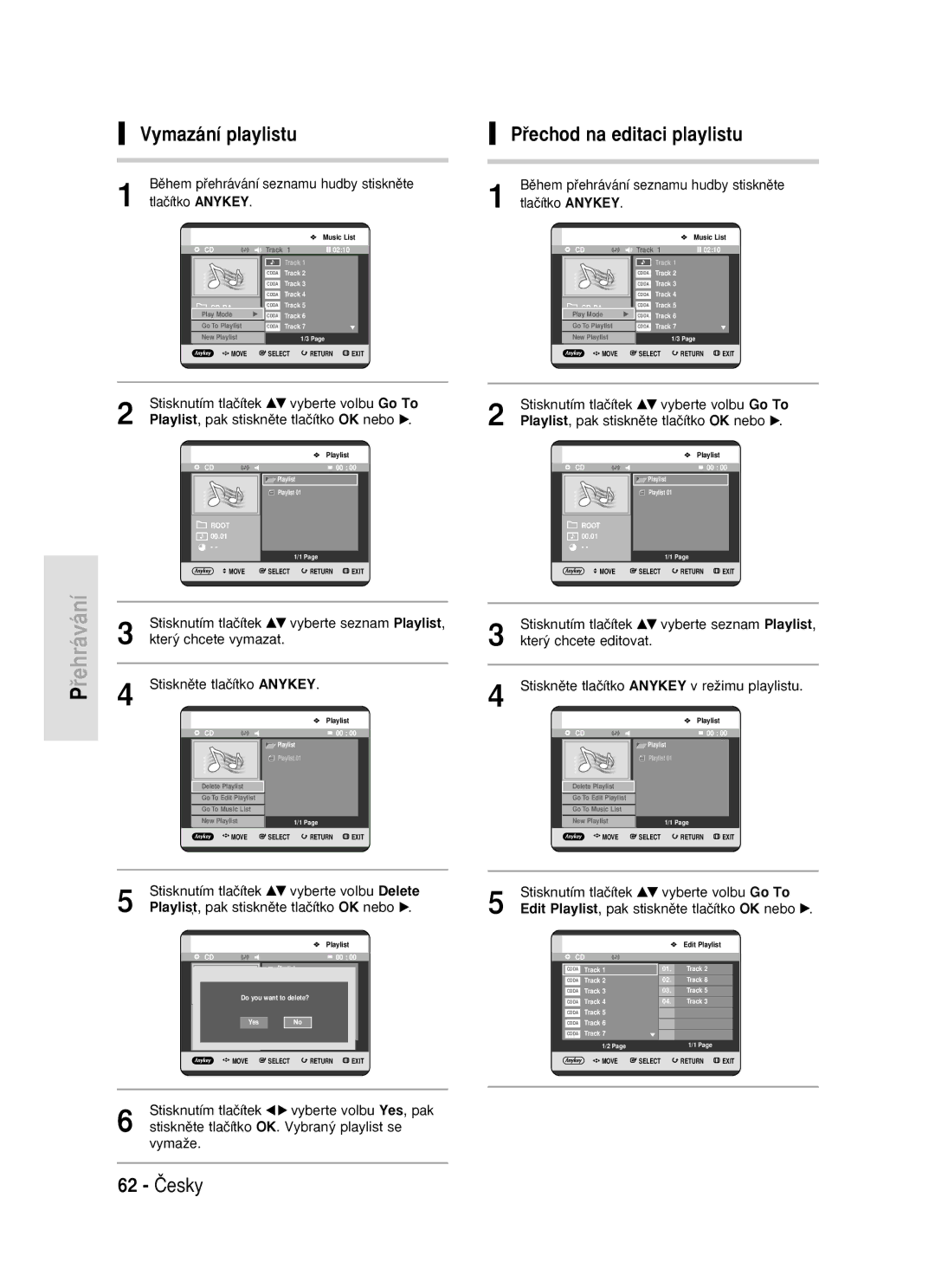 Samsung DVD-R119/EUR manual Vymazání playlistu, Pﬁechod na editaci playlistu, 62 âesky 