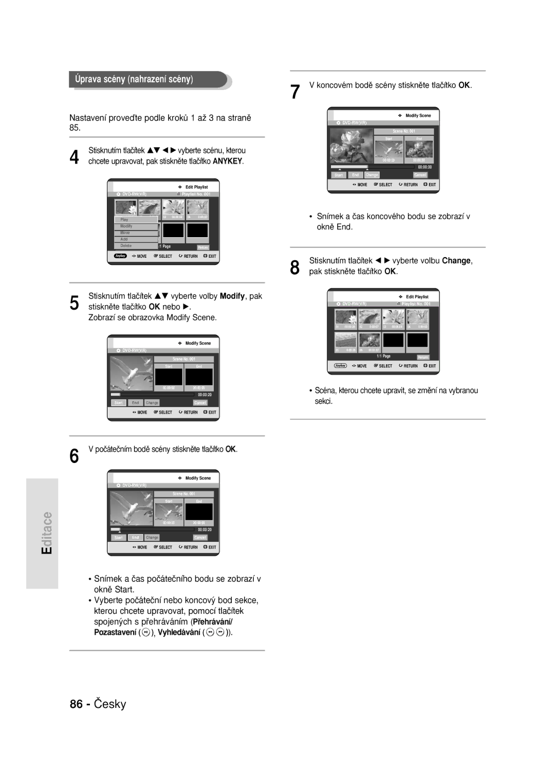 Samsung DVD-R119/EUR manual 86 âesky, Úprava scény nahrazení scény, Nastavení proveìte podle krokÛ 1 aÏ 3 na stranû 