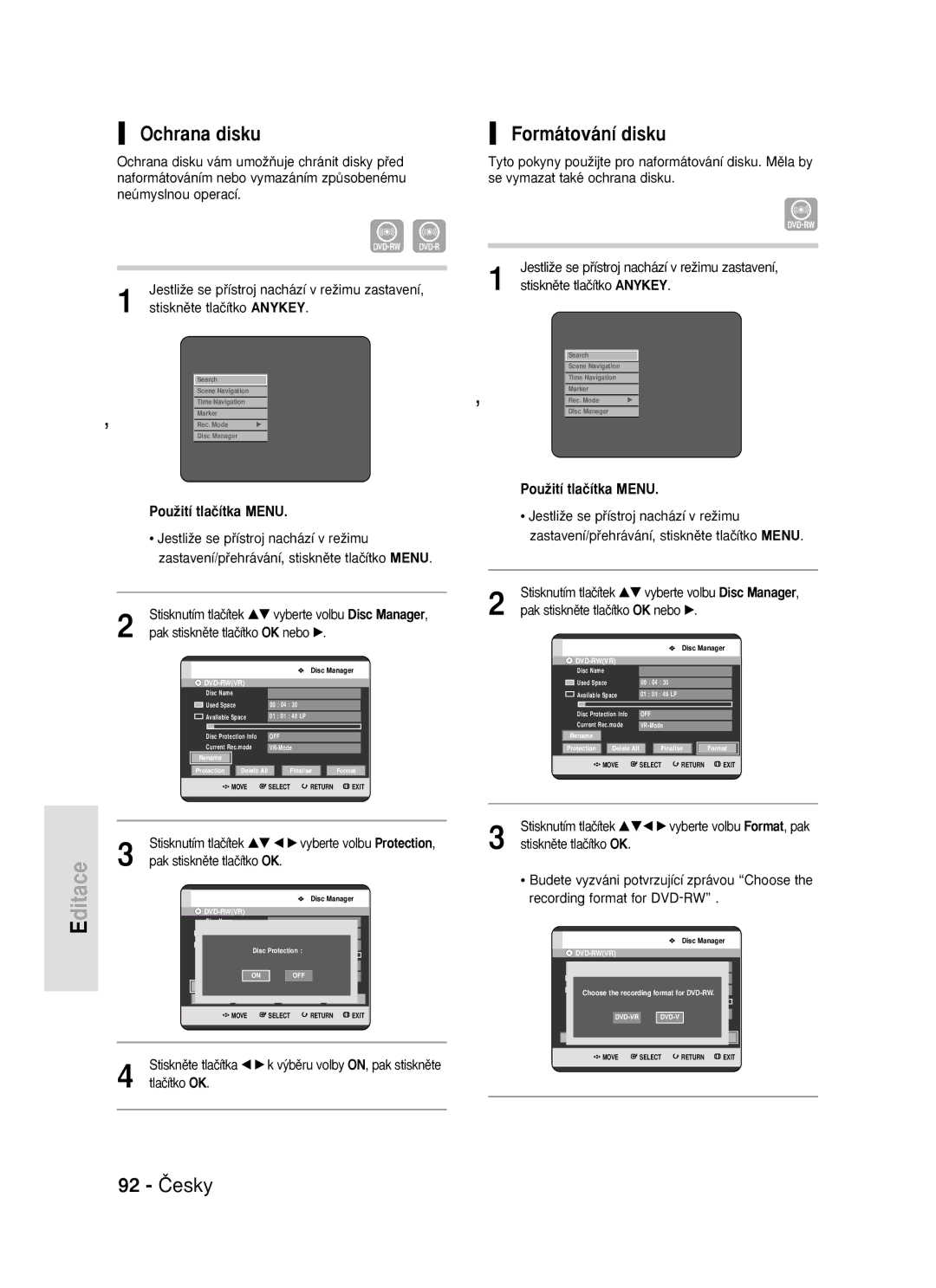 Samsung DVD-R119/EUR manual Ochrana disku, 92 âesky Formátování disku 