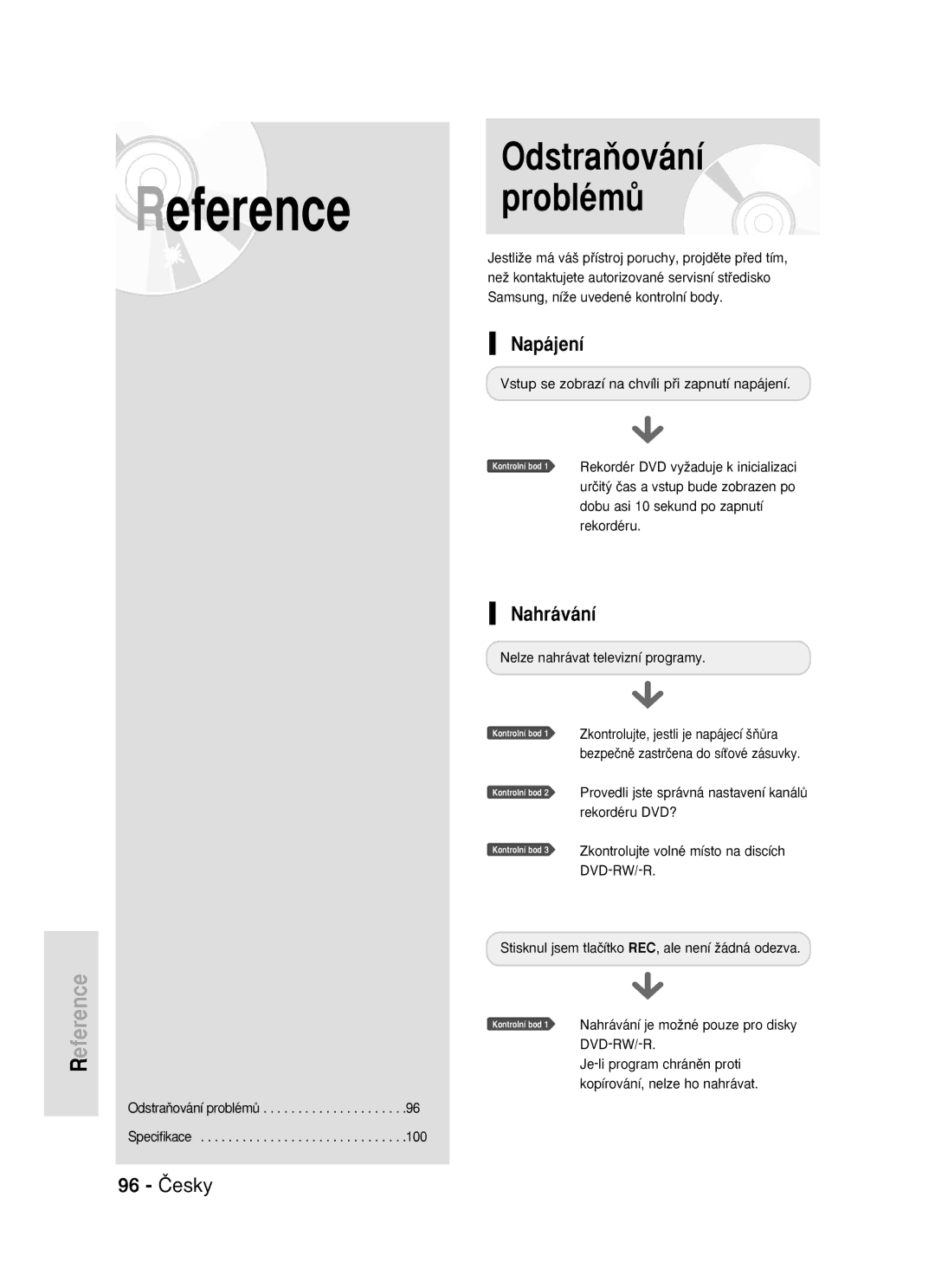Samsung DVD-R119/EUR manual OdstraÀování ProblémÛ, Reference, Napájení, Nahrávání, 96 âesky 